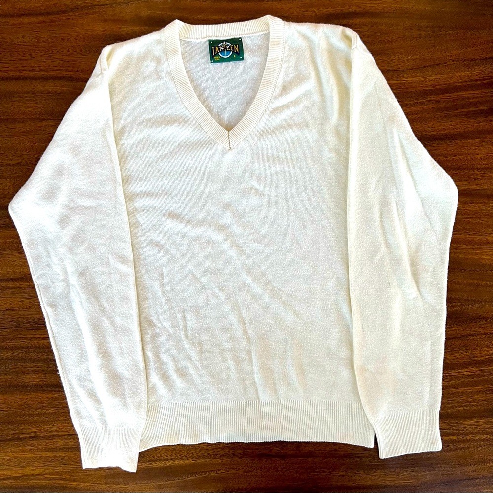 Vintage JANTZEN Sweater V neck Men’s Large USA White/Cream VTG
